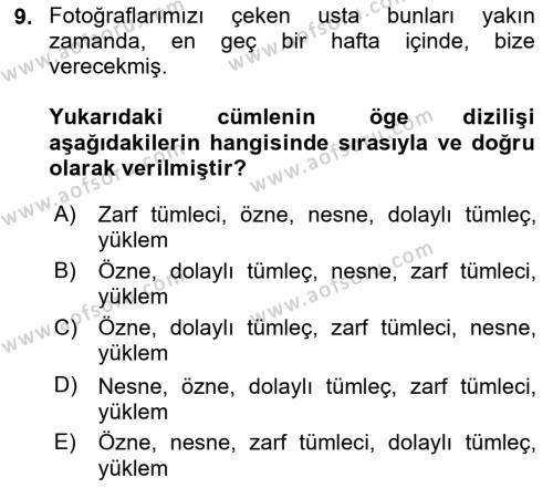 Türk Dili 1 Dersi 2018 - 2019 Yılı (Final) Dönem Sonu Sınavı 9. Soru