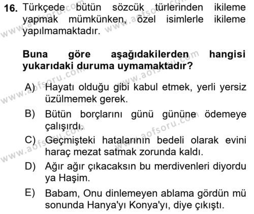 Türk Dili 1 Dersi 2022 - 2023 Yılı Yaz Okulu Sınavı 16. Soru