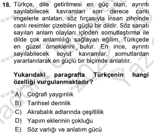 Türk Dili 1 Dersi 2022 - 2023 Yılı Yaz Okulu Sınavı 18. Soru