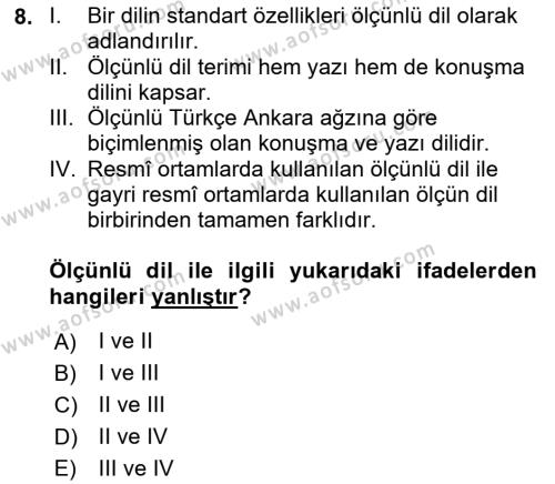 Türk Dili 1 Dersi 2023 - 2024 Yılı (Vize) Ara Sınavı 8. Soru