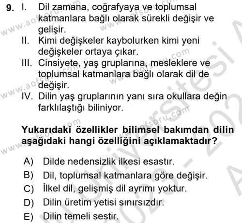 Türk Dili 1 Dersi 2023 - 2024 Yılı (Vize) Ara Sınavı 9. Soru