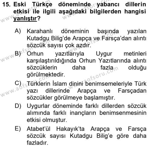 Türk Dili 1 Dersi 2023 - 2024 Yılı Yaz Okulu Sınavı 15. Soru