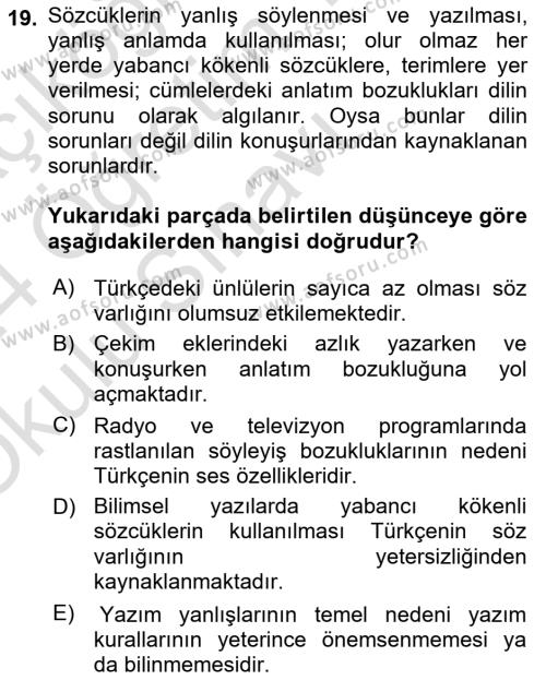 Türk Dili 1 Dersi 2023 - 2024 Yılı Yaz Okulu Sınavı 19. Soru