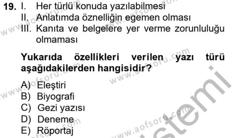 Türk Dili 2 Dersi 2012 - 2013 Yılı (Vize) Ara Sınavı 19. Soru