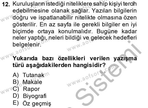 Türk Dili 2 Dersi 2014 - 2015 Yılı (Final) Dönem Sonu Sınavı 12. Soru