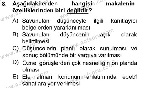 Türk Dili 2 Dersi 2014 - 2015 Yılı Tek Ders Sınavı 8. Soru