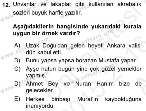 Türk Dili 2 Dersi 2015 - 2016 Yılı (Vize) Ara Sınavı 12. Soru