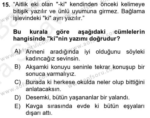 Türk Dili 2 Dersi 2015 - 2016 Yılı (Vize) Ara Sınavı 15. Soru
