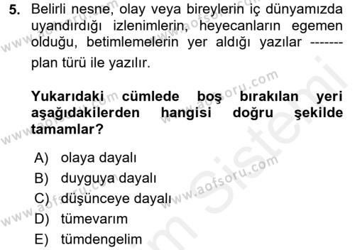 Türk Dili 2 Dersi 2017 - 2018 Yılı (Vize) Ara Sınavı 5. Soru