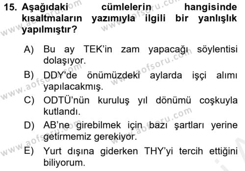 Türk Dili 2 Dersi 2018 - 2019 Yılı (Vize) Ara Sınavı 15. Soru