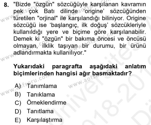Türk Dili 2 Dersi 2018 - 2019 Yılı (Vize) Ara Sınavı 8. Soru