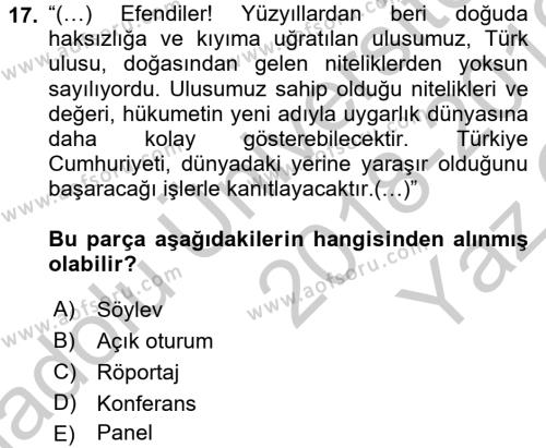 Türk Dili 2 Dersi 2018 - 2019 Yılı Yaz Okulu Sınavı 17. Soru