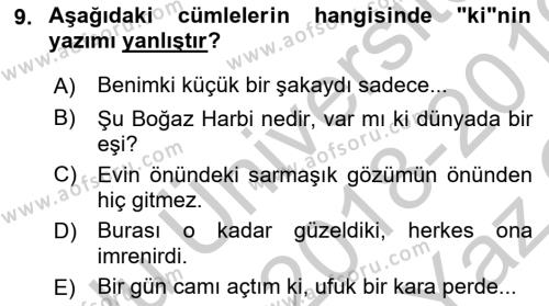 Türk Dili 2 Dersi 2018 - 2019 Yılı Yaz Okulu Sınavı 9. Soru