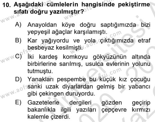 Türk Dili 2 Dersi 2020 - 2021 Yılı Yaz Okulu Sınavı 10. Soru