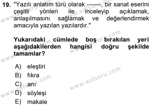 Türk Dili 2 Dersi 2020 - 2021 Yılı Yaz Okulu Sınavı 19. Soru