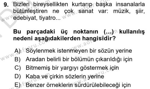 Türk Dili 2 Dersi 2021 - 2022 Yılı (Final) Dönem Sonu Sınavı 9. Soru