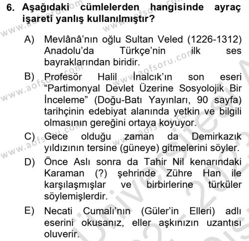 Türk Dili 2 Dersi 2022 - 2023 Yılı (Vize) Ara Sınavı 6. Soru