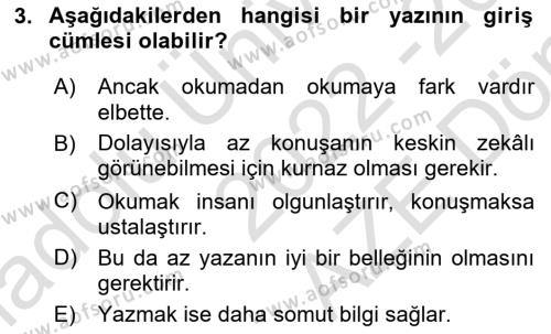 Türk Dili 2 Dersi 2022 - 2023 Yılı (Final) Dönem Sonu Sınavı 3. Soru