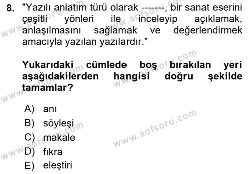 Türk Dili 2 Dersi 2022 - 2023 Yılı (Final) Dönem Sonu Sınavı 8. Soru