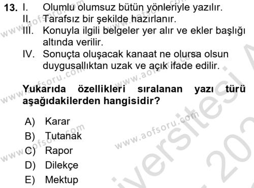 Türk Dili 2 Dersi 2022 - 2023 Yılı Yaz Okulu Sınavı 13. Soru