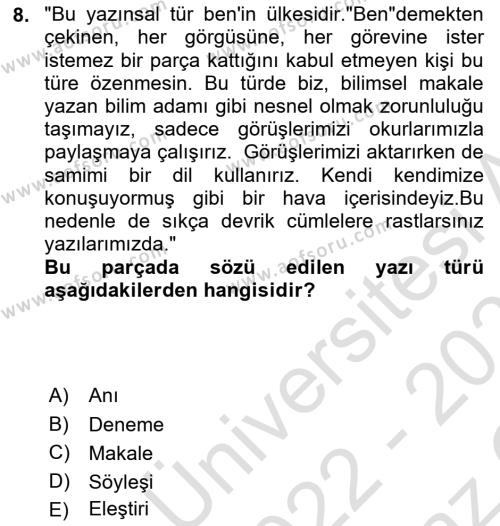 Türk Dili 2 Dersi 2022 - 2023 Yılı Yaz Okulu Sınavı 8. Soru
