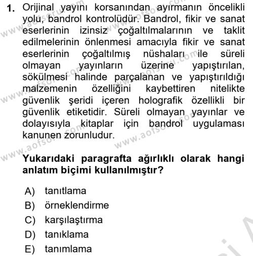 Türk Dili 2 Dersi 2023 - 2024 Yılı (Vize) Ara Sınavı 1. Soru