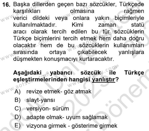 Türk Dili 2 Dersi 2023 - 2024 Yılı (Final) Dönem Sonu Sınavı 16. Soru