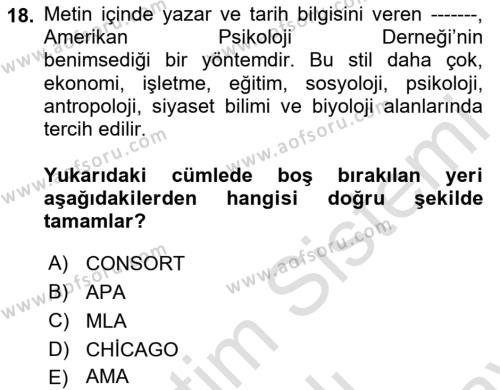 Türk Dili 2 Dersi 2023 - 2024 Yılı (Final) Dönem Sonu Sınavı 18. Soru