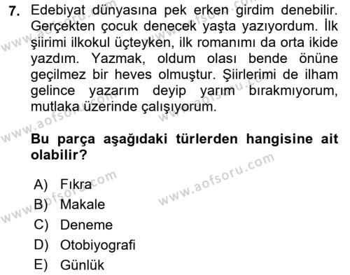 Türk Dili 2 Dersi 2023 - 2024 Yılı (Final) Dönem Sonu Sınavı 7. Soru