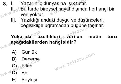 Türk Dili 2 Dersi 2023 - 2024 Yılı (Final) Dönem Sonu Sınavı 8. Soru