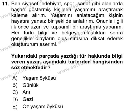 Türk Dili 2 Dersi 2023 - 2024 Yılı Yaz Okulu Sınavı 11. Soru