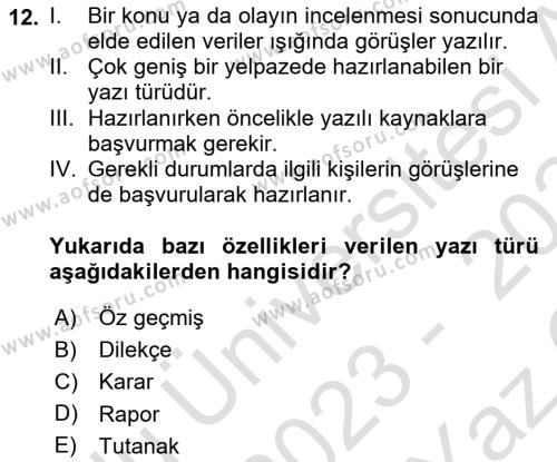 Türk Dili 2 Dersi 2023 - 2024 Yılı Yaz Okulu Sınavı 12. Soru