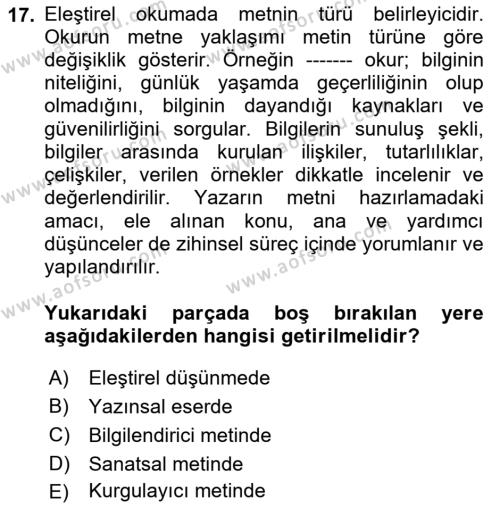 Türk Dili 2 Dersi 2023 - 2024 Yılı Yaz Okulu Sınavı 17. Soru