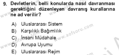 Uluslararası Politika 1 Dersi 2020 - 2021 Yılı Yaz Okulu Sınavı 9. Soru