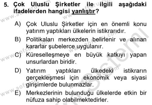 Uluslararası Politika 1 Dersi 2021 - 2022 Yılı (Vize) Ara Sınavı 5. Soru