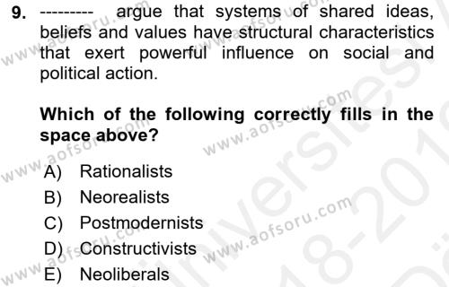 Theories Of International Relations 2 Dersi 2018 - 2019 Yılı (Vize) Ara Sınavı 9. Soru