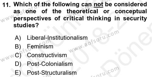 Theories Of International Relations 2 Dersi 2018 - 2019 Yılı (Final) Dönem Sonu Sınavı 11. Soru