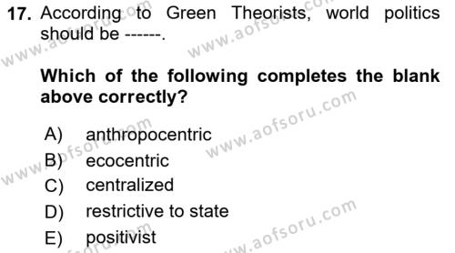 Theories Of International Relations 2 Dersi 2018 - 2019 Yılı (Final) Dönem Sonu Sınavı 17. Soru