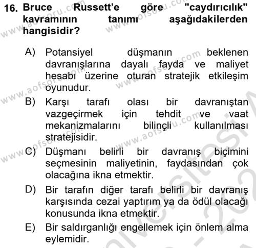 Strateji ve Güvenlik Dersi 2023 - 2024 Yılı (Vize) Ara Sınavı 16. Soru