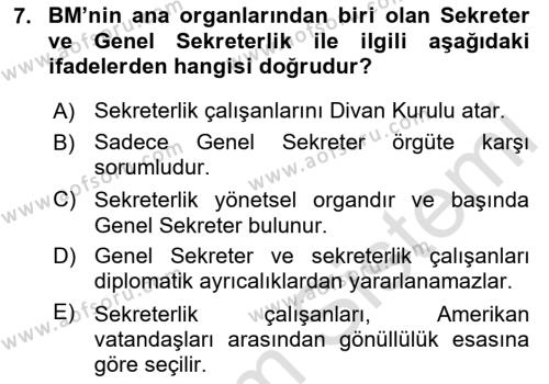 Uluslararası Örgütler Dersi 2023 - 2024 Yılı (Vize) Ara Sınavı 7. Soru