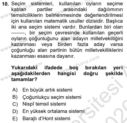 İnsan Hakları ve Demokratikleşme Süreci Dersi 2019 - 2020 Yılı (Final) Dönem Sonu Sınavı 10. Soru