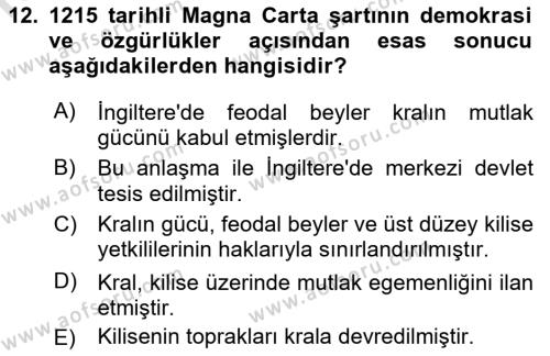 İnsan Hakları ve Demokratikleşme Süreci Dersi 2019 - 2020 Yılı (Final) Dönem Sonu Sınavı 12. Soru