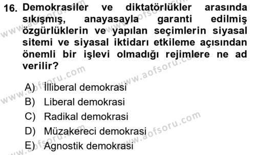 İnsan Hakları ve Demokratikleşme Süreci Dersi 2019 - 2020 Yılı (Final) Dönem Sonu Sınavı 16. Soru