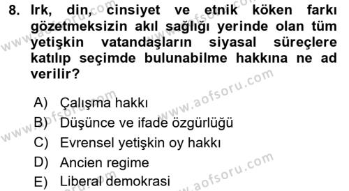 İnsan Hakları ve Demokratikleşme Süreci Dersi 2019 - 2020 Yılı (Final) Dönem Sonu Sınavı 8. Soru