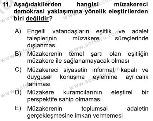 İnsan Hakları ve Demokratikleşme Süreci Dersi 2020 - 2021 Yılı Yaz Okulu Sınavı 11. Soru