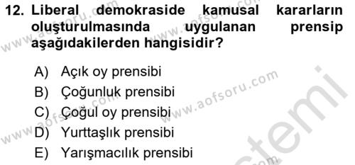 İnsan Hakları ve Demokratikleşme Süreci Dersi 2020 - 2021 Yılı Yaz Okulu Sınavı 12. Soru