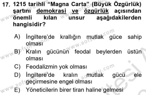 İnsan Hakları ve Demokratikleşme Süreci Dersi 2020 - 2021 Yılı Yaz Okulu Sınavı 17. Soru