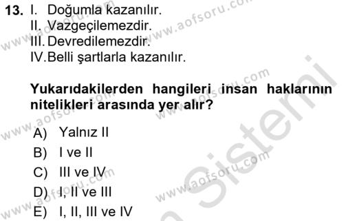 İnsan Hakları ve Demokratikleşme Süreci Dersi 2021 - 2022 Yılı (Vize) Ara Sınavı 13. Soru