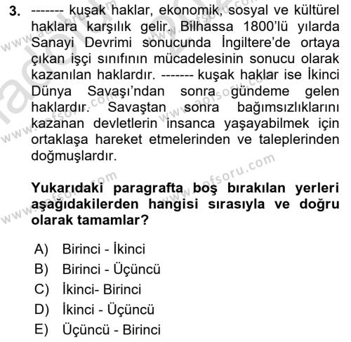 İnsan Hakları ve Demokratikleşme Süreci Dersi 2021 - 2022 Yılı (Vize) Ara Sınavı 3. Soru