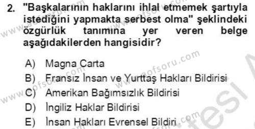 İnsan Hakları ve Demokratikleşme Süreci Dersi 2021 - 2022 Yılı (Final) Dönem Sonu Sınavı 2. Soru